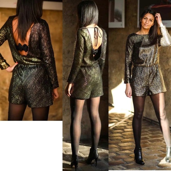 ZARA evening collection gold black metallic sequin long sleeve romper Sz XS - Picture 5 of 15
